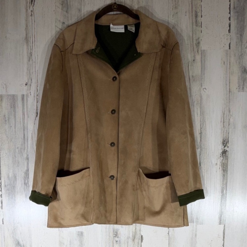 Alfred Dunner Jacket 14 Tan Faux Suede Olive Contrast Trim Button Neutral Rustic